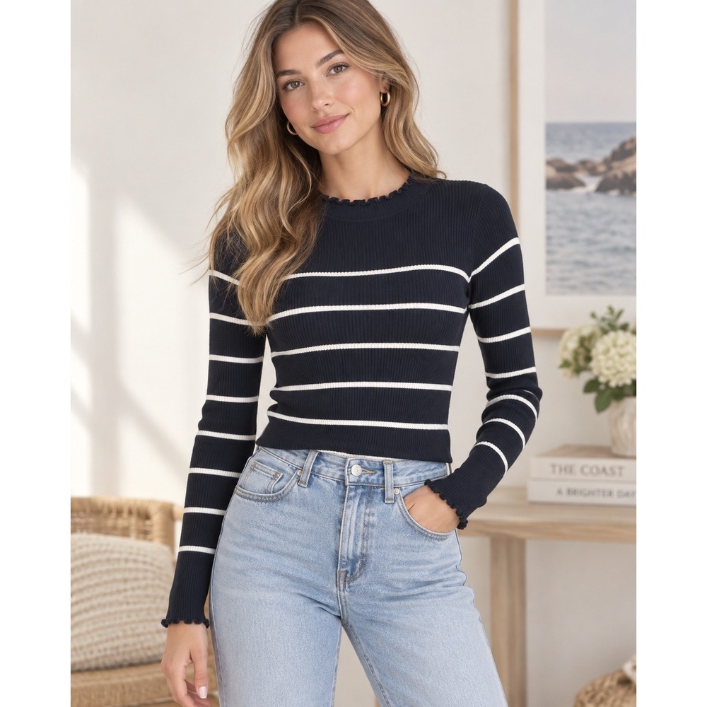 Preppy Coastal Chic Nautical Striped Ribbed Lettuce Edge Sweater Small Parisian